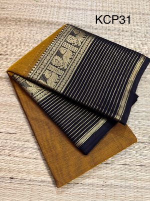 Kanchi Cotton saree with peacock long border – KCP31