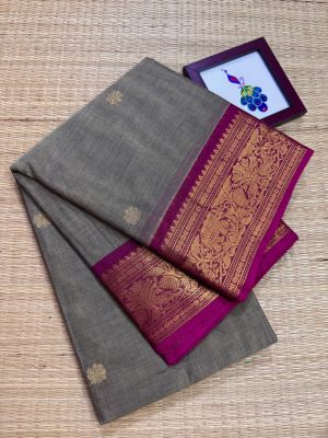 Kanchi Cotton saree with Large Handwoven Korvai Meena Butta  Pallu and Floral Zari Butta Body  – KCR04