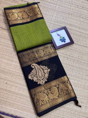 Kanchi Cotton saree 10 inch Long big Butta Border and  checkered Body, Grand Pallu- KCR08