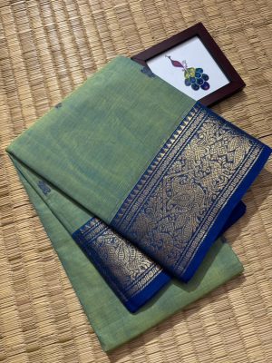 Kanchi Cotton saree – Handwoven Butta Body , Peacock and deer border –  KCB17