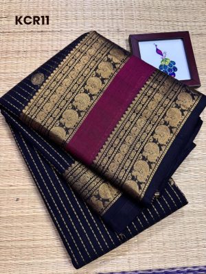 Kanchi Cotton saree Veryicl Veldhari design with Gold zari peacock border and Grand Pallu- KCR11