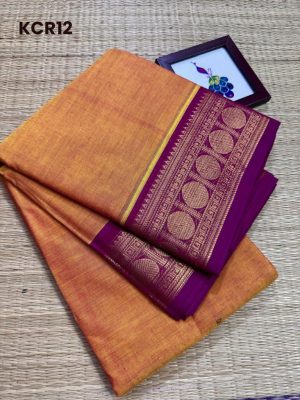Kanchi Cotton saree Veryicl Veldhari design with Gold zari peacock border and Grand Pallu – KCR12